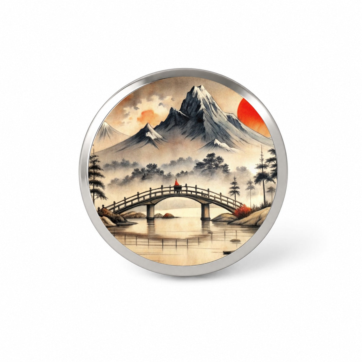 Japanese Style Ink Painting Bridge Over Water Landscape Novelty Hat Backpack Lapel Pin
