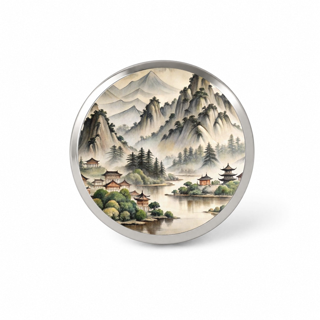 Japanese Style Ink Painting Lake and Mountains Landscape Novelty Hat Backpack Lapel Pin