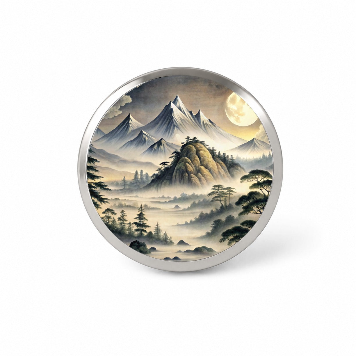 Japanese Style Ink Painting Landscape Misty Mountains Large Moon Novelty Hat Backpack Lapel Pin