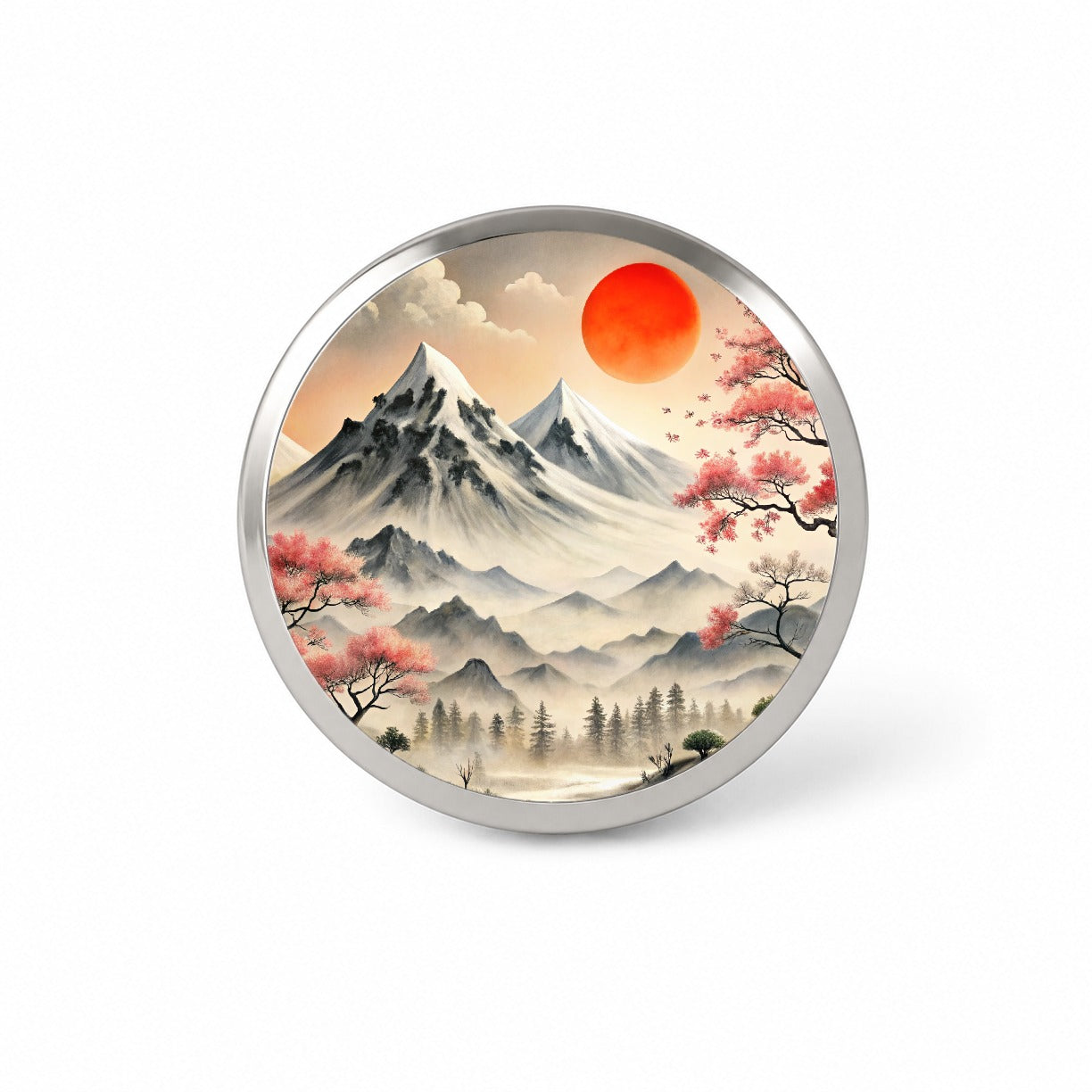 Japanese Style Ink Painting Landscape Mountains Under Red Sun Novelty Hat Backpack Lapel Pin