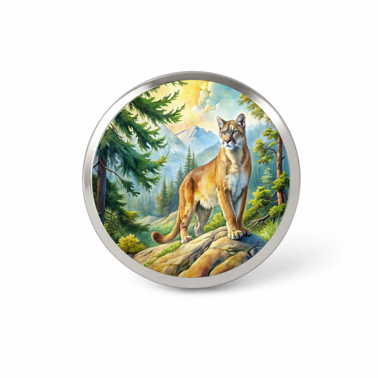 Mountain Lion Cougar In Woods Watercolor Novelty Hat Backpack Lapel Pin