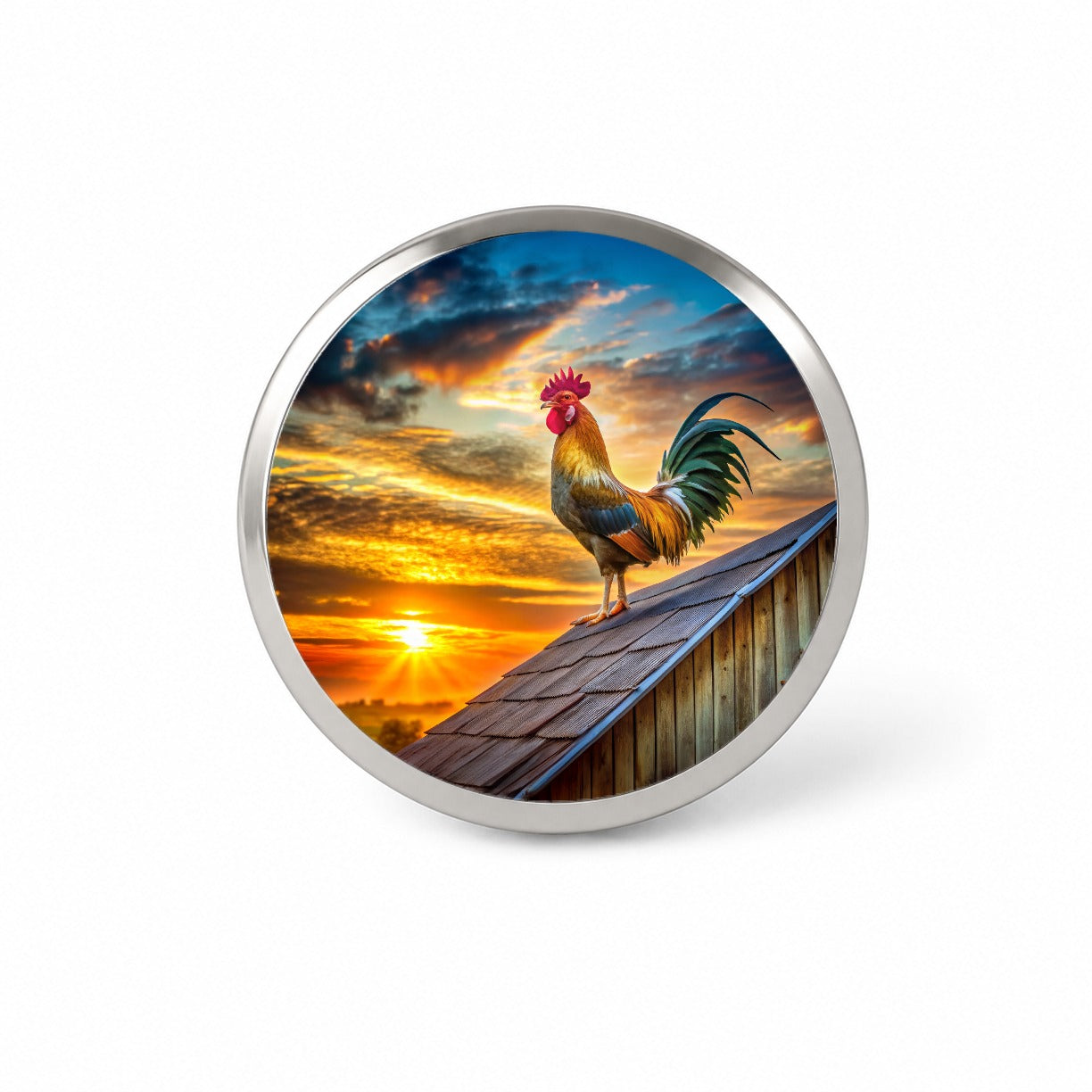Rooster on Barn Roof At Sunrise Novelty Hat Backpack Lapel Pin
