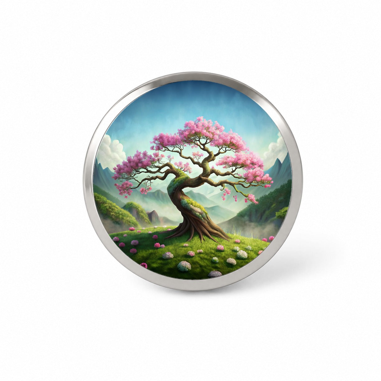 Japanese Bonsai Tree With Pink Flowers On Hillside Novelty Hat Backpack Lapel Pin