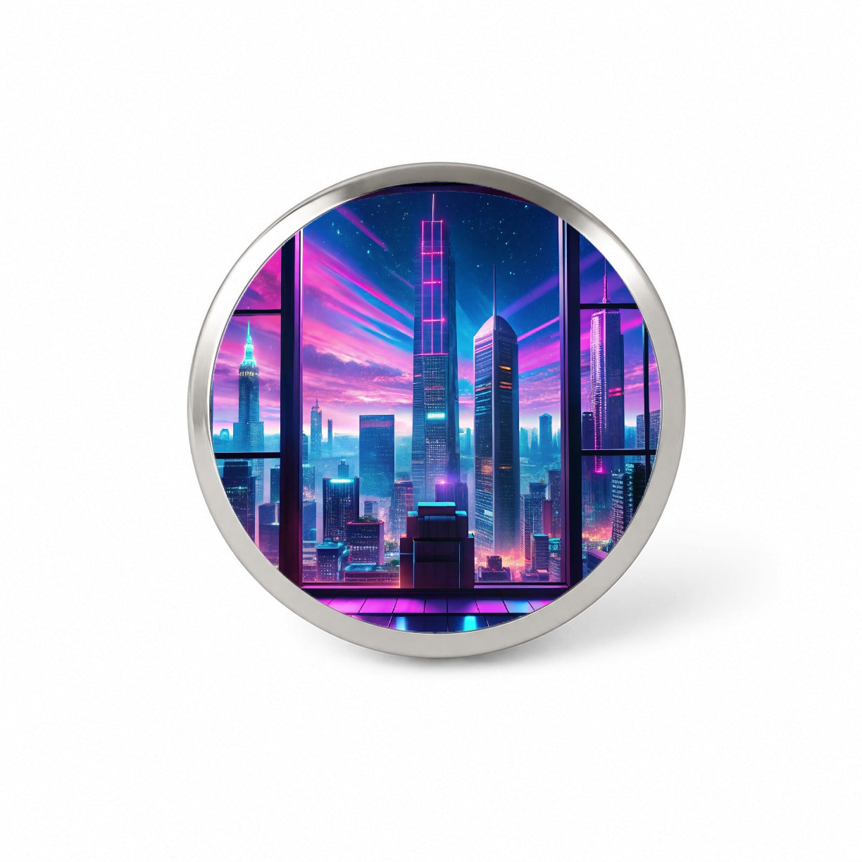 Neon Cityscape As Seen Through Skyscraper Window Purple Blue Novelty Hat Backpack Lapel Pin