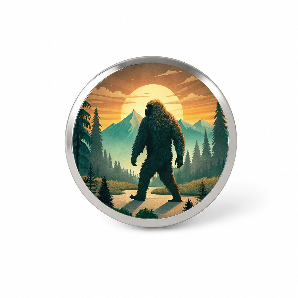 Retro Bigfoot Walking In The Woods At Sunset Novelty Hat Backpack Lapel Pin
