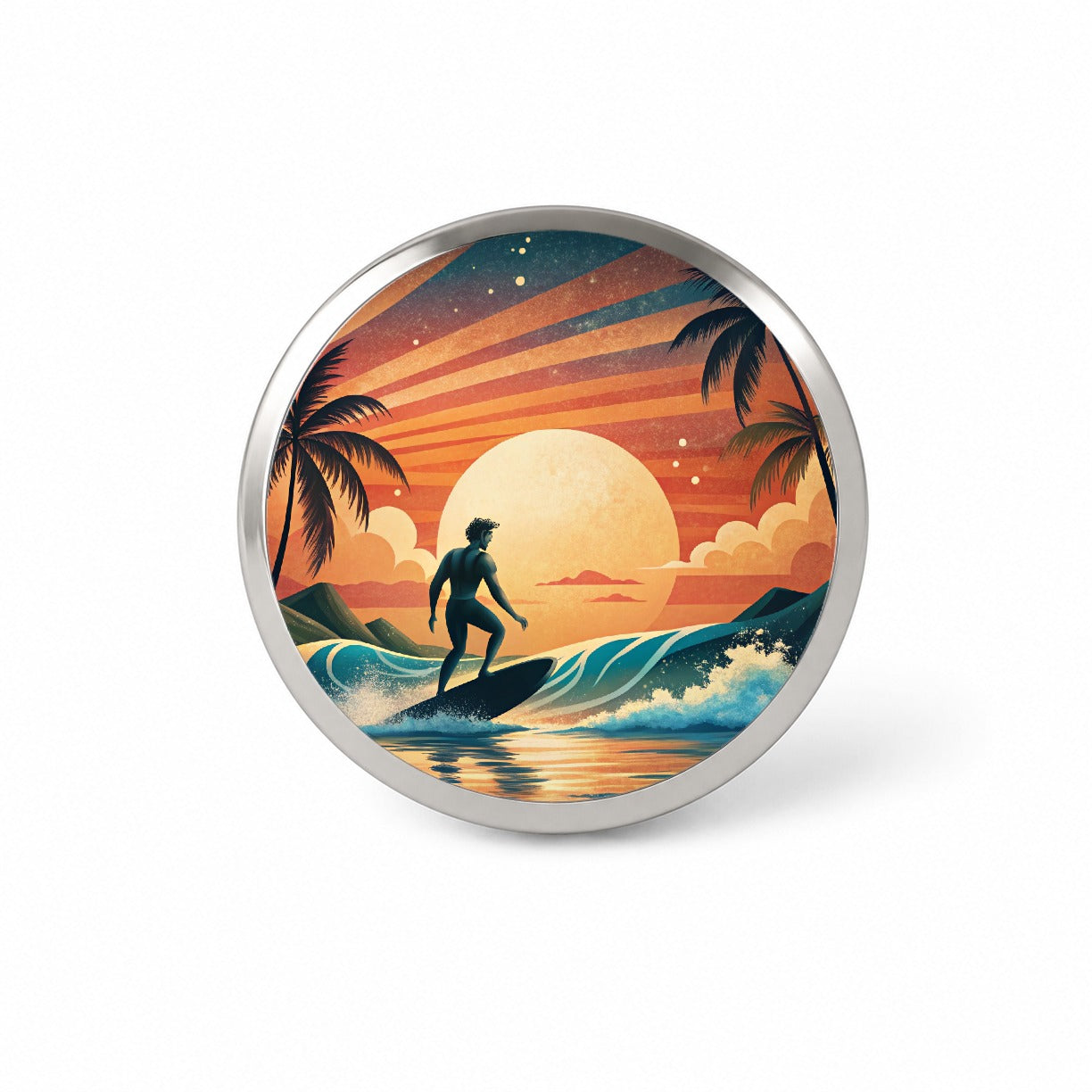 Retro Surfer Beach Tropical Sunset Illustration Novelty Hat Backpack Lapel Pin