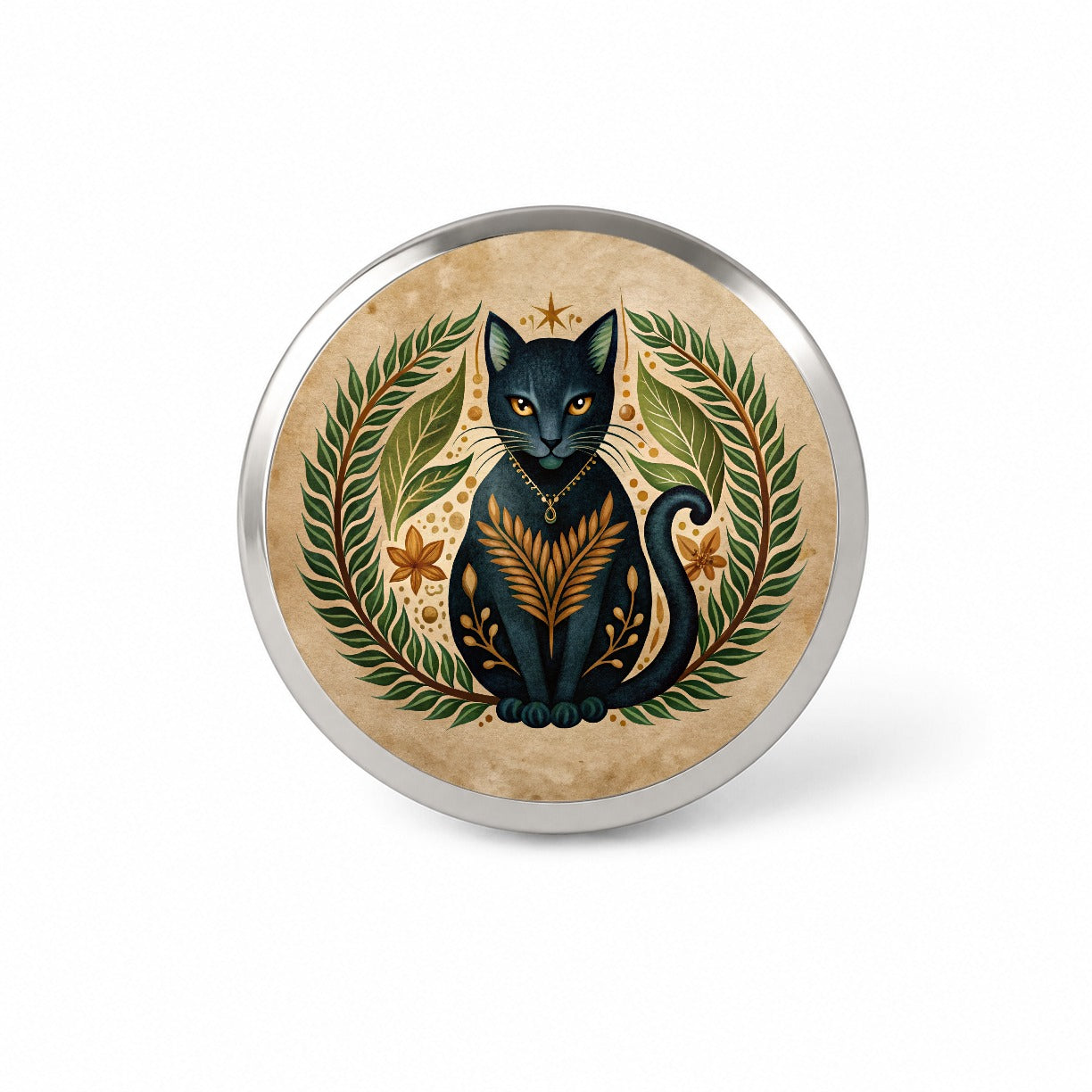 Stylized Black Cat Illustration Leaf Design Novelty Hat Backpack Lapel Pin