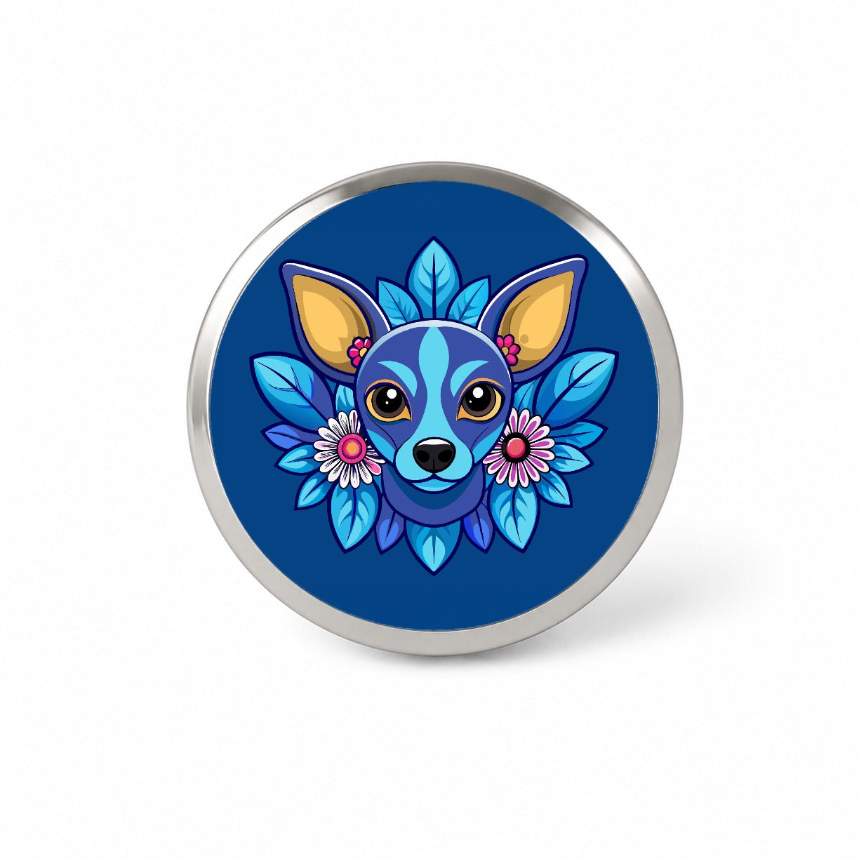 Chiweenie Head Floral Motif Blue Dog Novelty Hat Backpack Lapel Pin