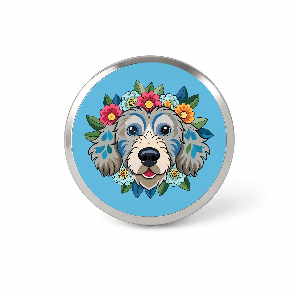 Cockapoo Head Floral Motif Light Blue Dog Novelty Hat Backpack Lapel Pin