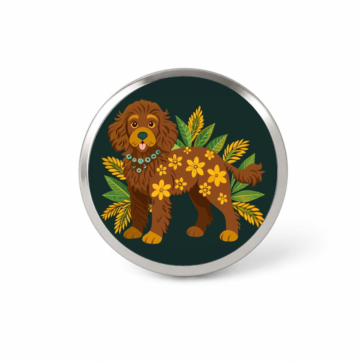 Dark Brown Golden Doodle Floral Motif Green Dog Novelty Hat Backpack Lapel Pin