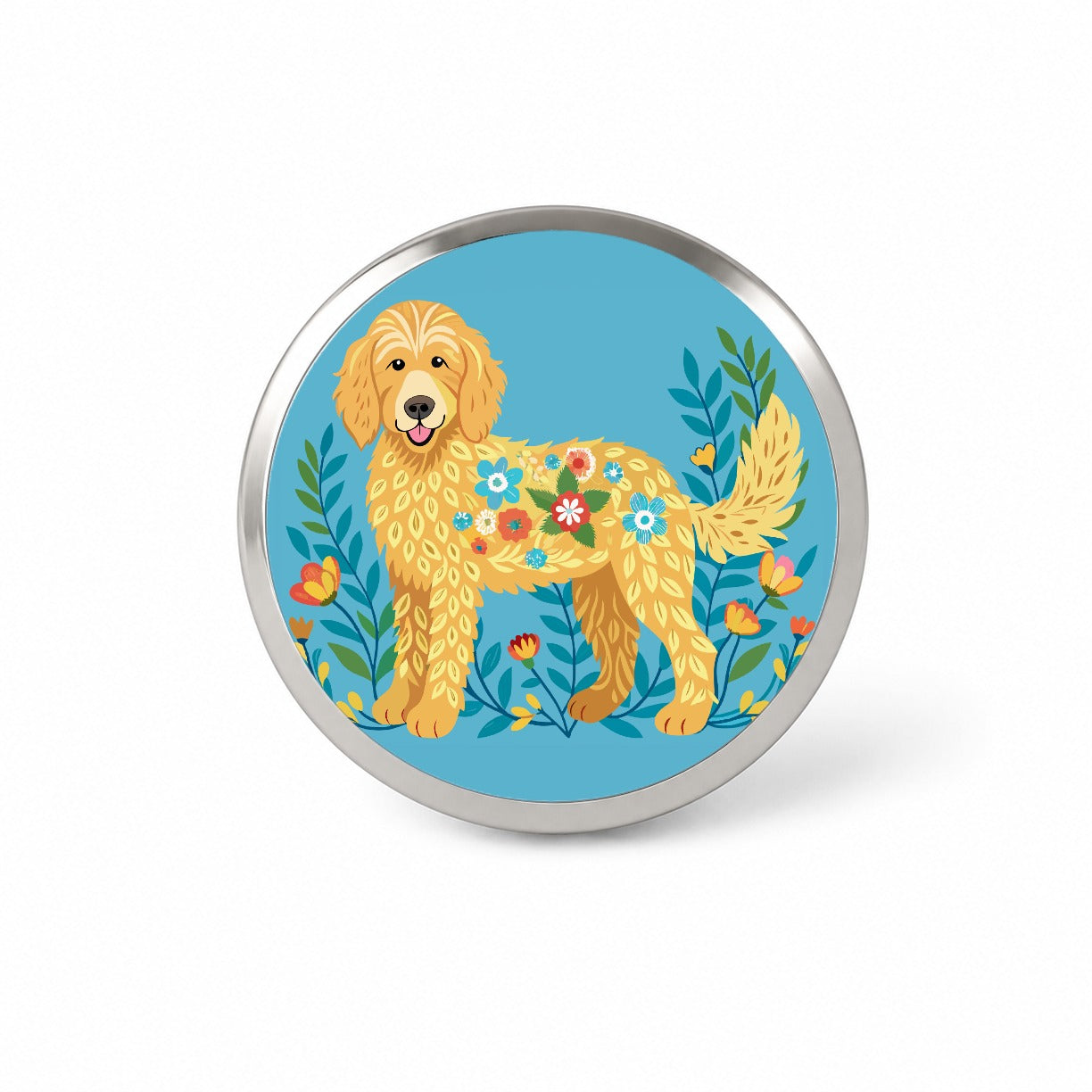 Golden Doodle Floral Motif Blue Dog Novelty Hat Backpack Lapel Pin