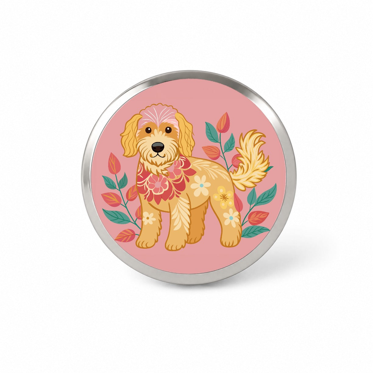 Golden Doodle Floral Motif Pink Dog Novelty Hat Backpack Lapel Pin