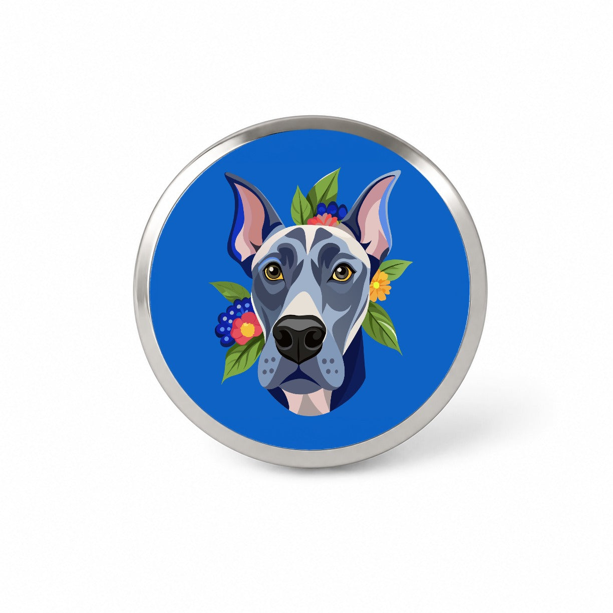 Great Dane Head Floral Motif Blue Dog Novelty Hat Backpack Lapel Pin