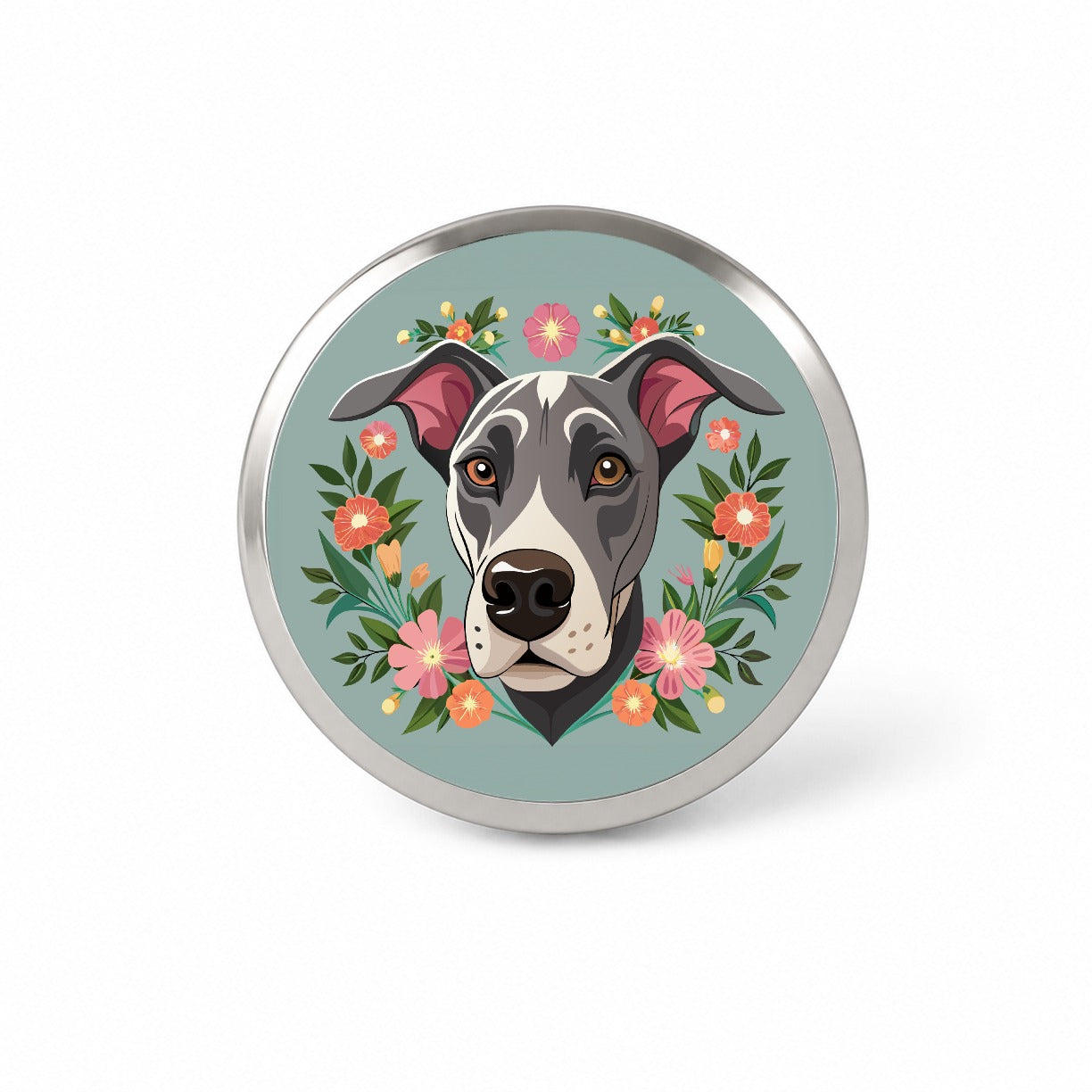 Great Dane Head Floral Motif Gray Dog Novelty Hat Backpack Lapel Pin