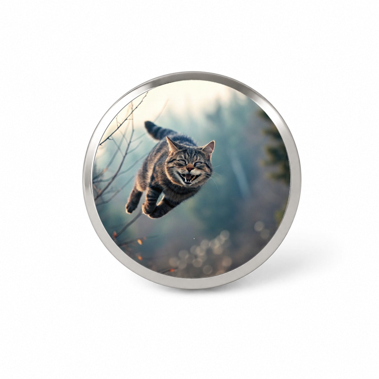 Leaping Funny Cat Grinning Novelty Hat Backpack Lapel Pin