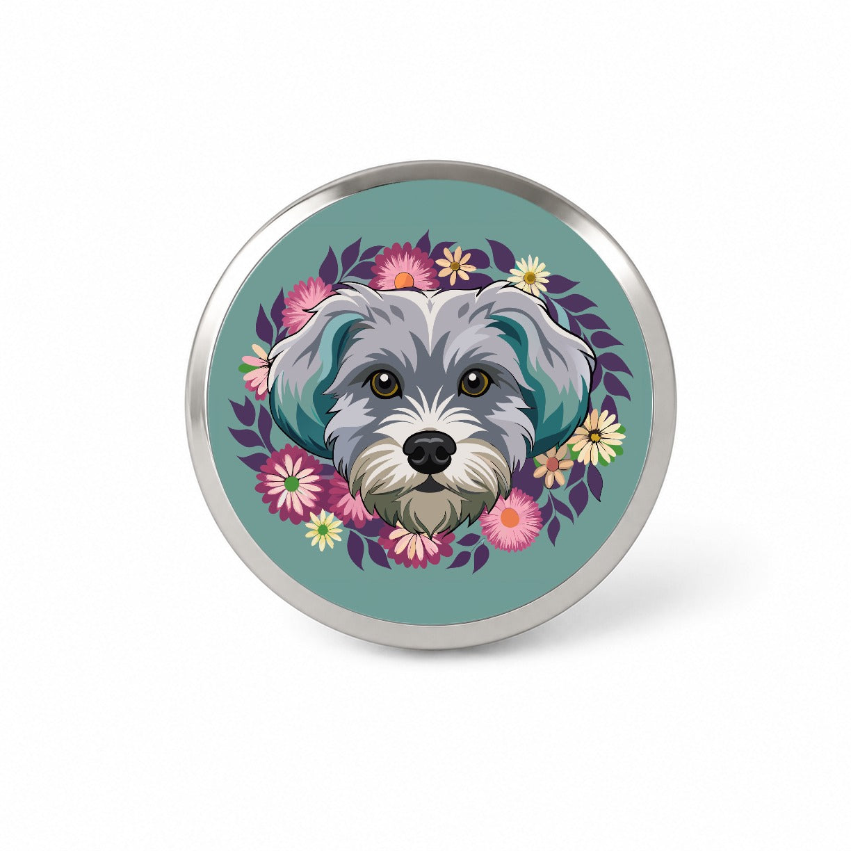 Schnoodle Head Floral Motif Dog Cute Novelty Hat Backpack Lapel Pin