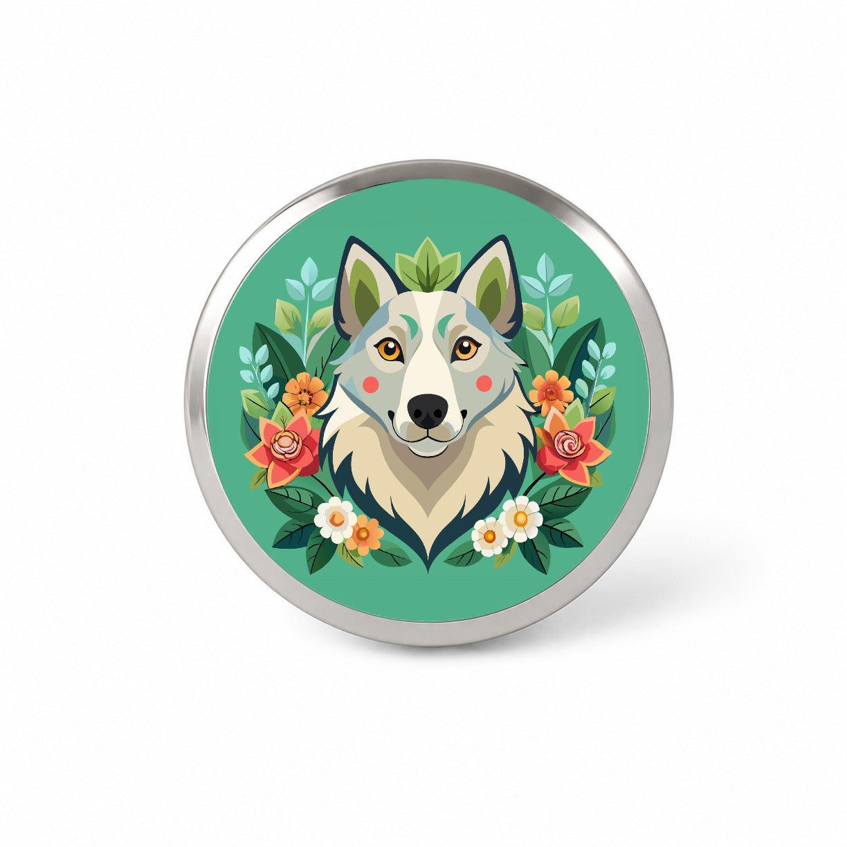 Siberian Retriever Head Floral Motif Green Dog Novelty Hat Backpack Lapel Pin
