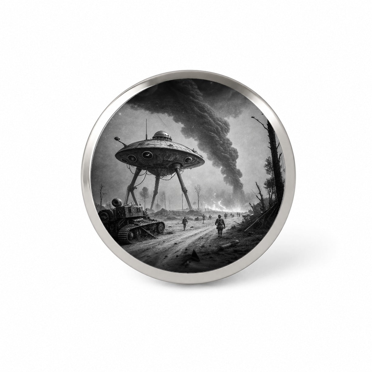 Martian Alien Invasion Tripod War Machine Retro Black and White Novelty Hat Backpack Lapel Pin