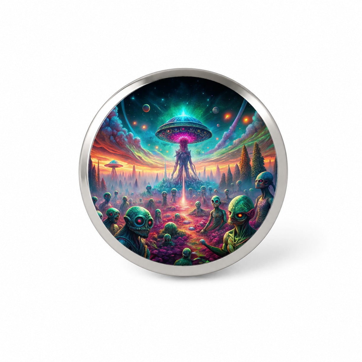 Psychedelic Alien Invasion Vibrant Colors Novelty Hat Backpack Lapel Pin