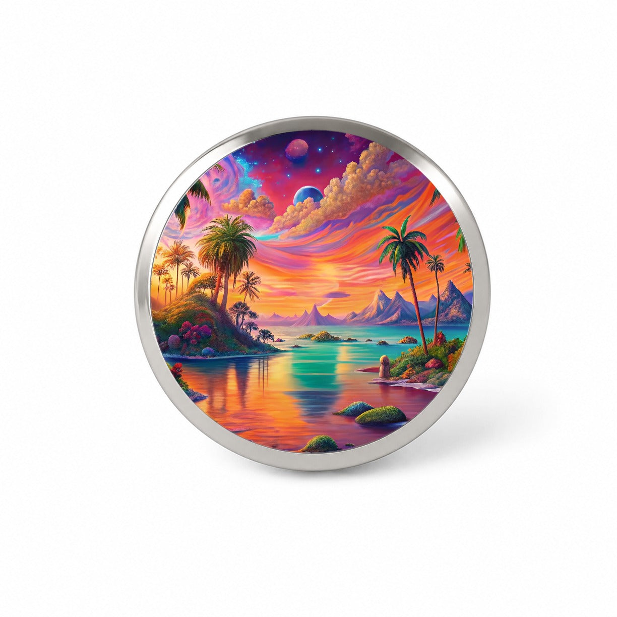 Psychedelic Colorful Tropical Beach Scene Novelty Hat Backpack Lapel Pin
