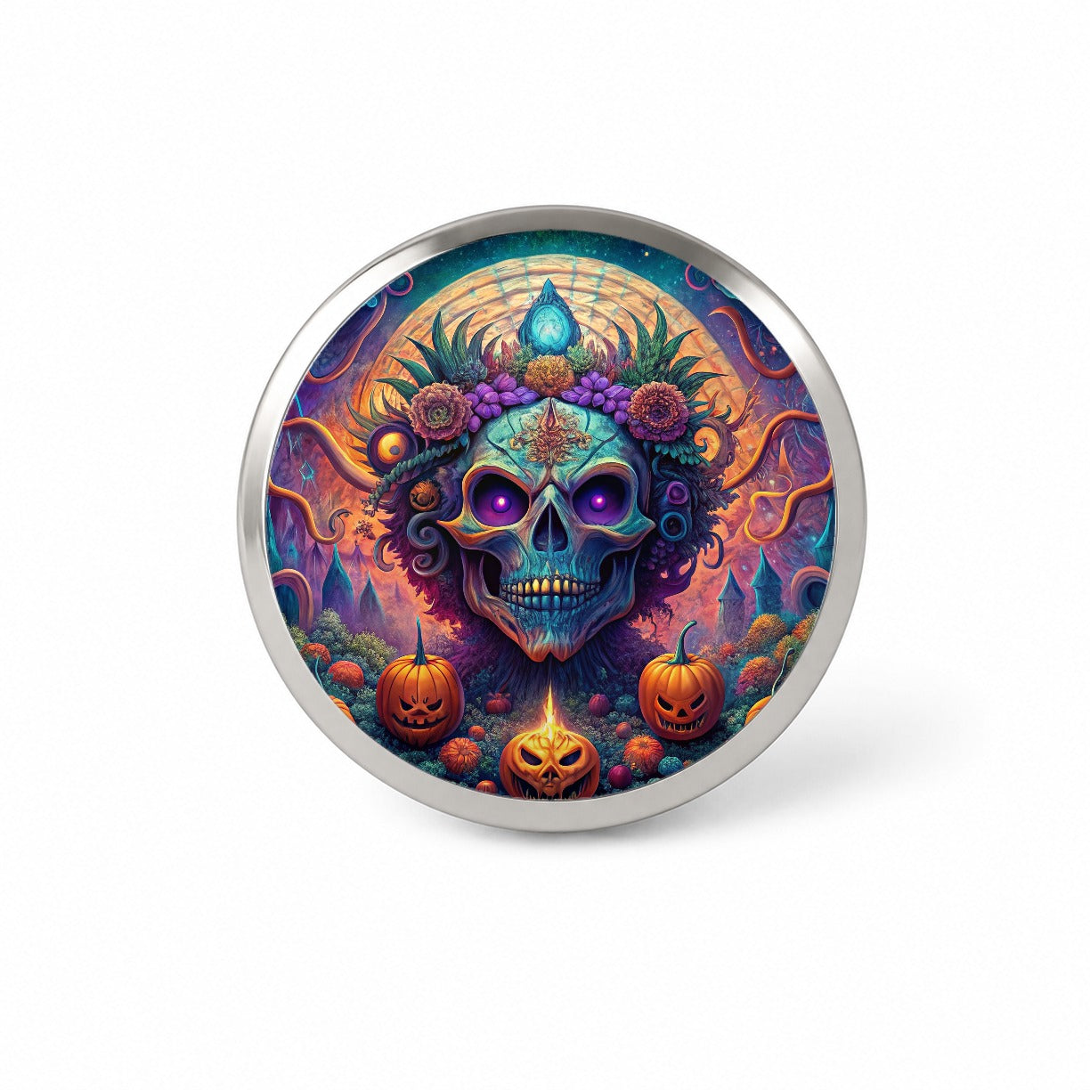 Psychedelic Halloween Skulls Pumpkins Vibrant Colors Novelty Hat Backpack Lapel Pin