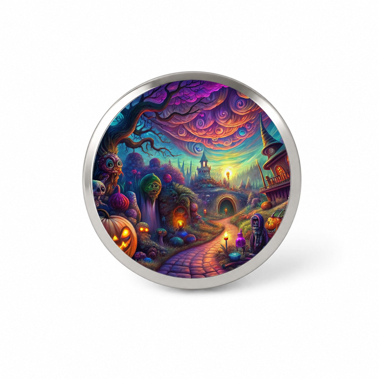Psychedelic Halloween Town Scene Vibrant Colors Novelty Hat Backpack Lapel Pin