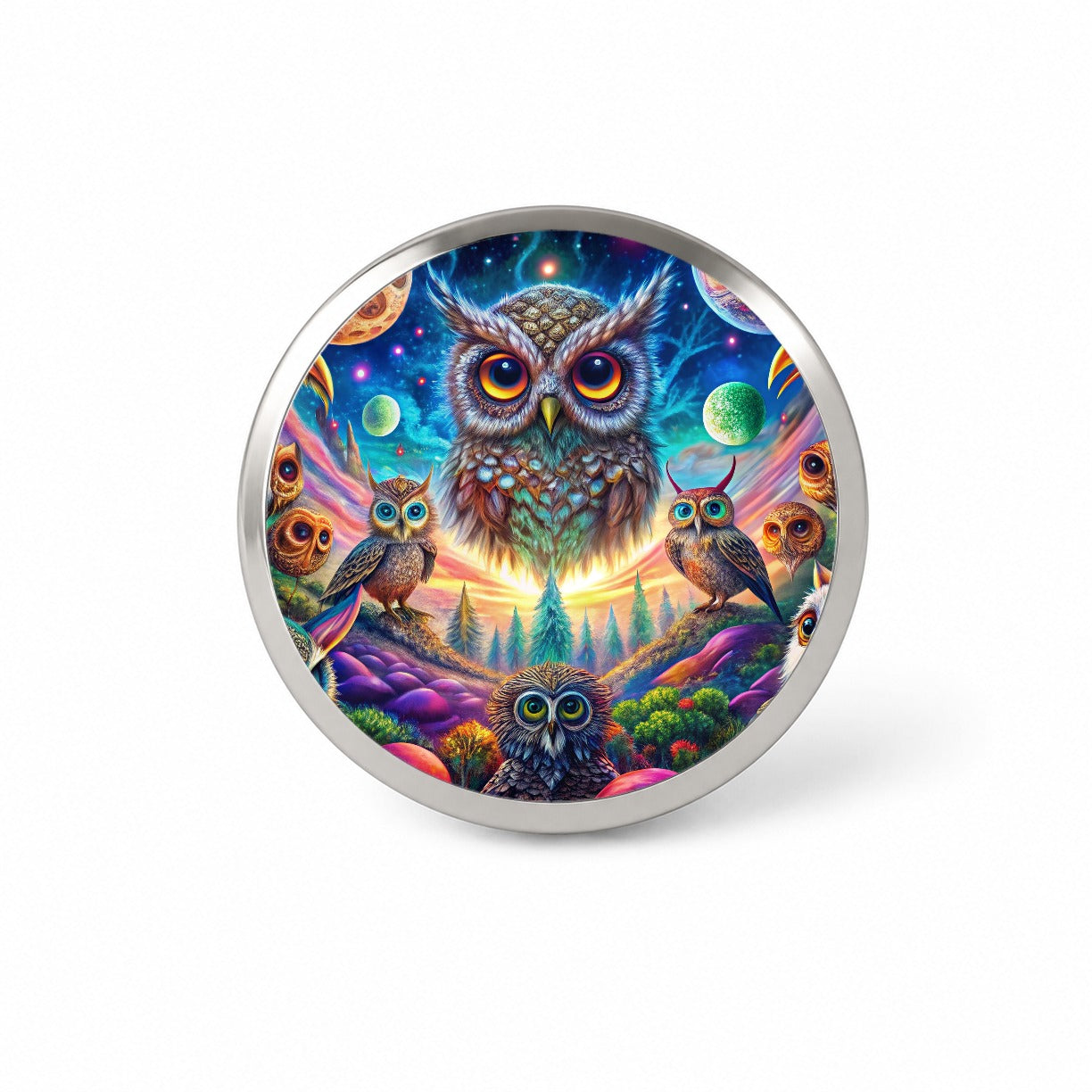 Psychedelic Lots of Owls Vibrant Colors Novelty Hat Backpack Lapel Pin