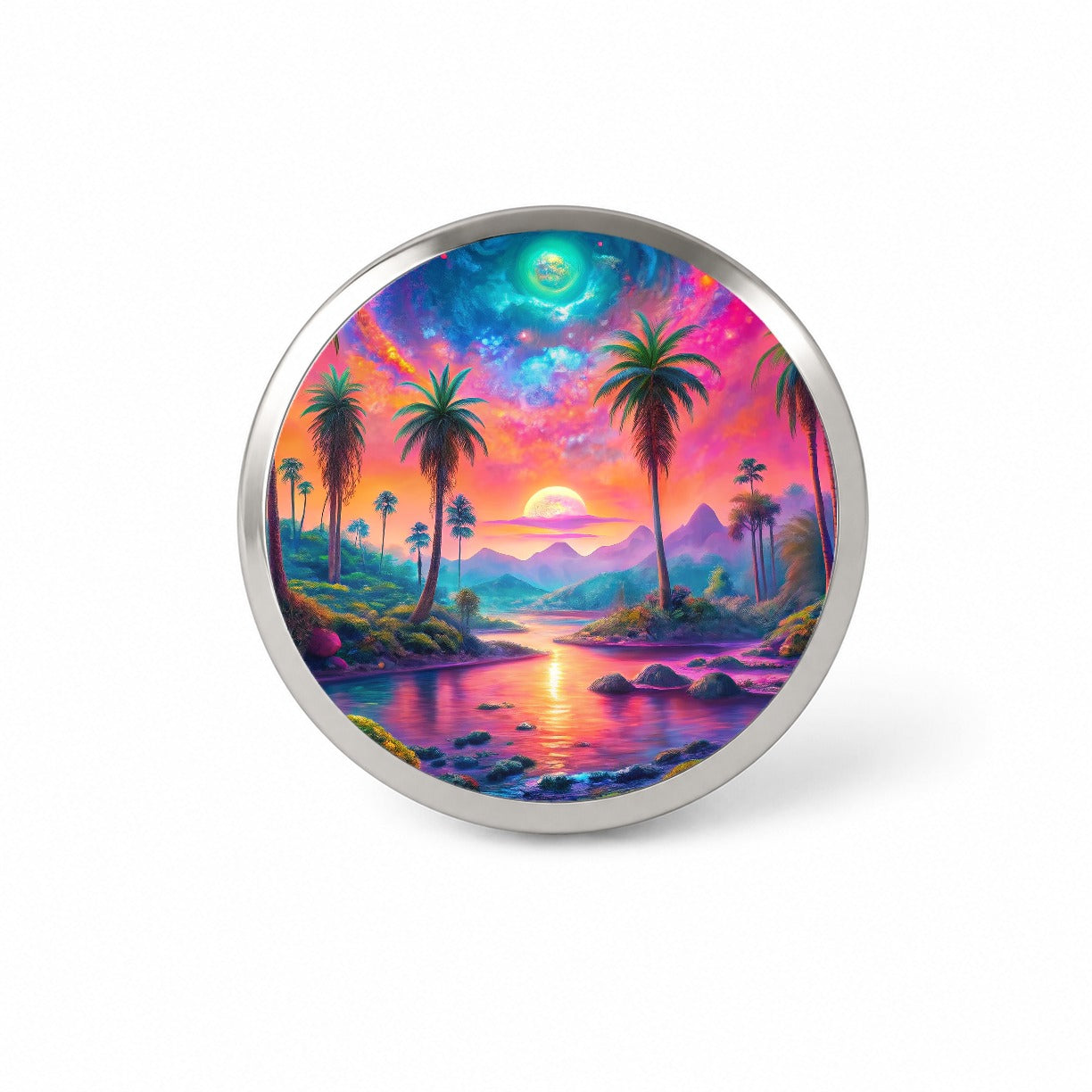 Psychedelic Tropical Palm Trees Colorful Scene Novelty Hat Backpack Lapel Pin