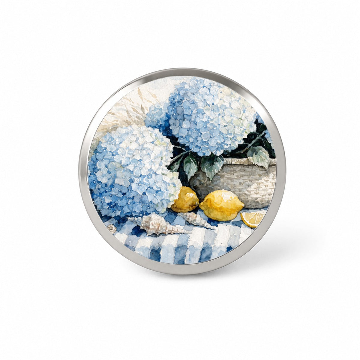 Blue Hydrangeas Seashells Lemons Coastal Novelty Hat Backpack Lapel Pin