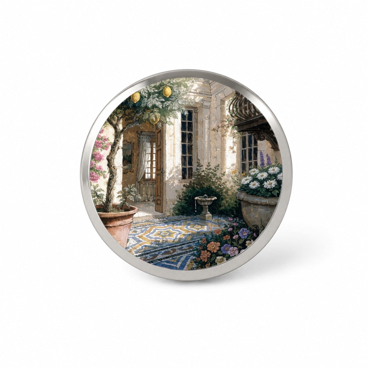 Mediterranean Courtyard Garden Novelty Hat Backpack Lapel Pin