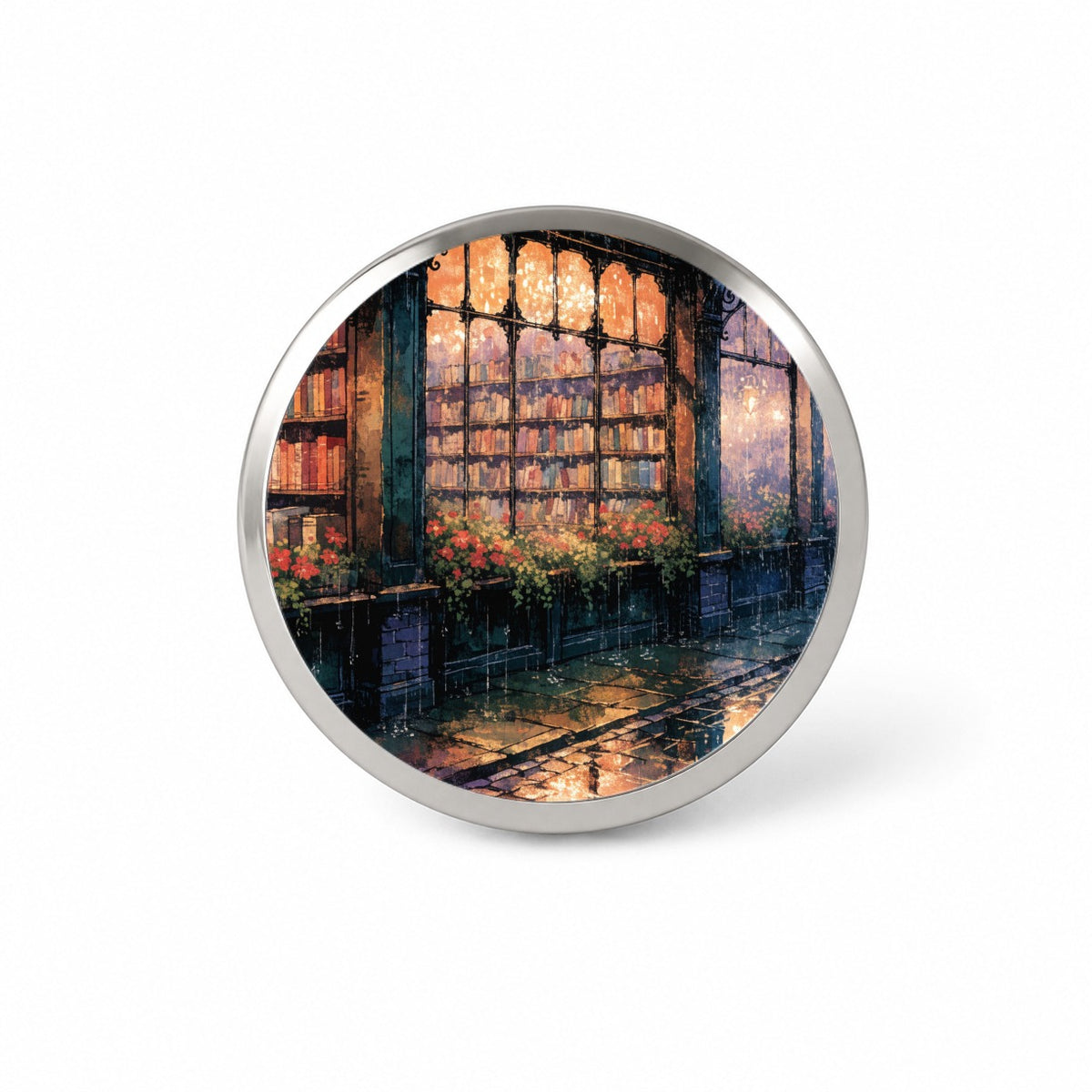 Rainy Bookshop Street Novelty Hat Backpack Lapel Pin