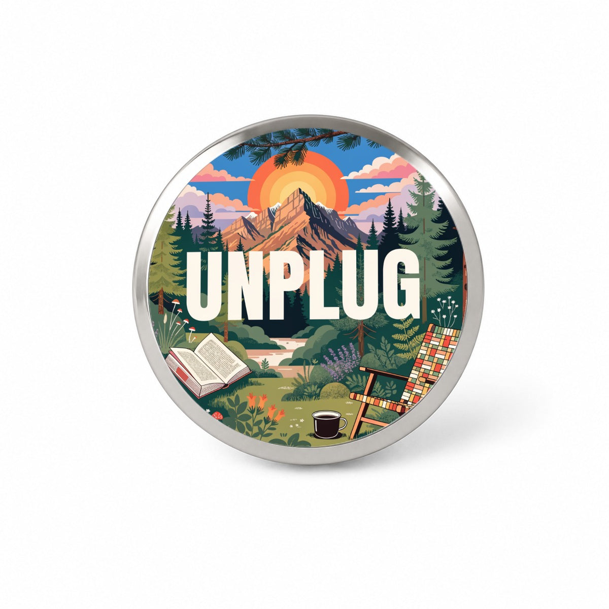 Unplug Cozy Camping Book Novelty Hat Backpack Lapel Pin
