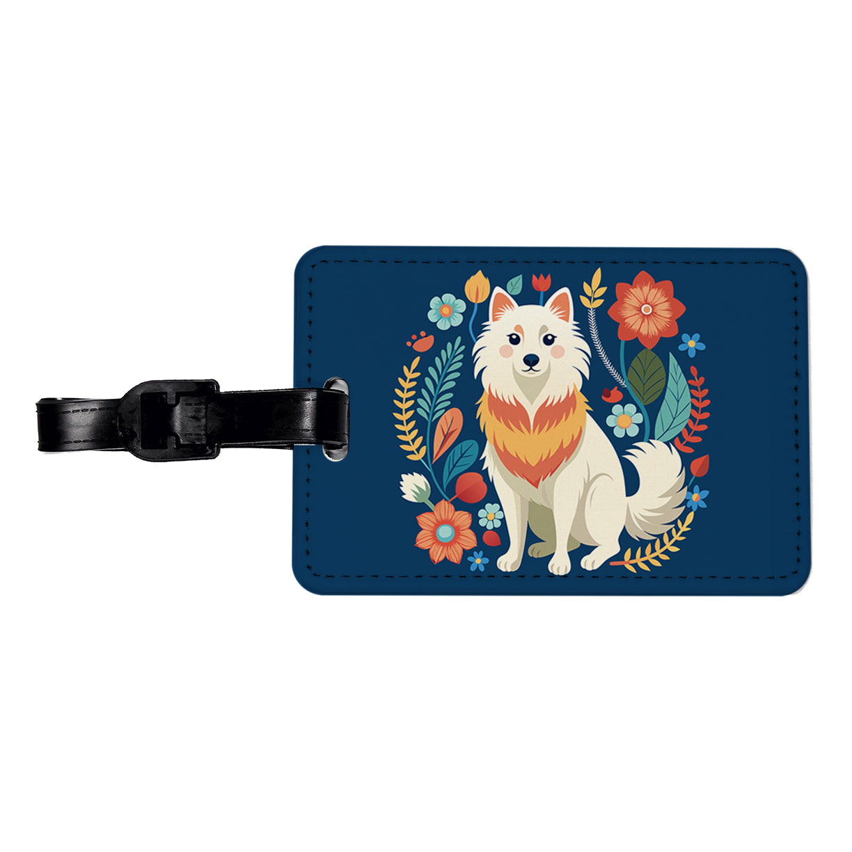 American Eskimo Dog Floral Flowers Travel Faux Leather Luggage Tag