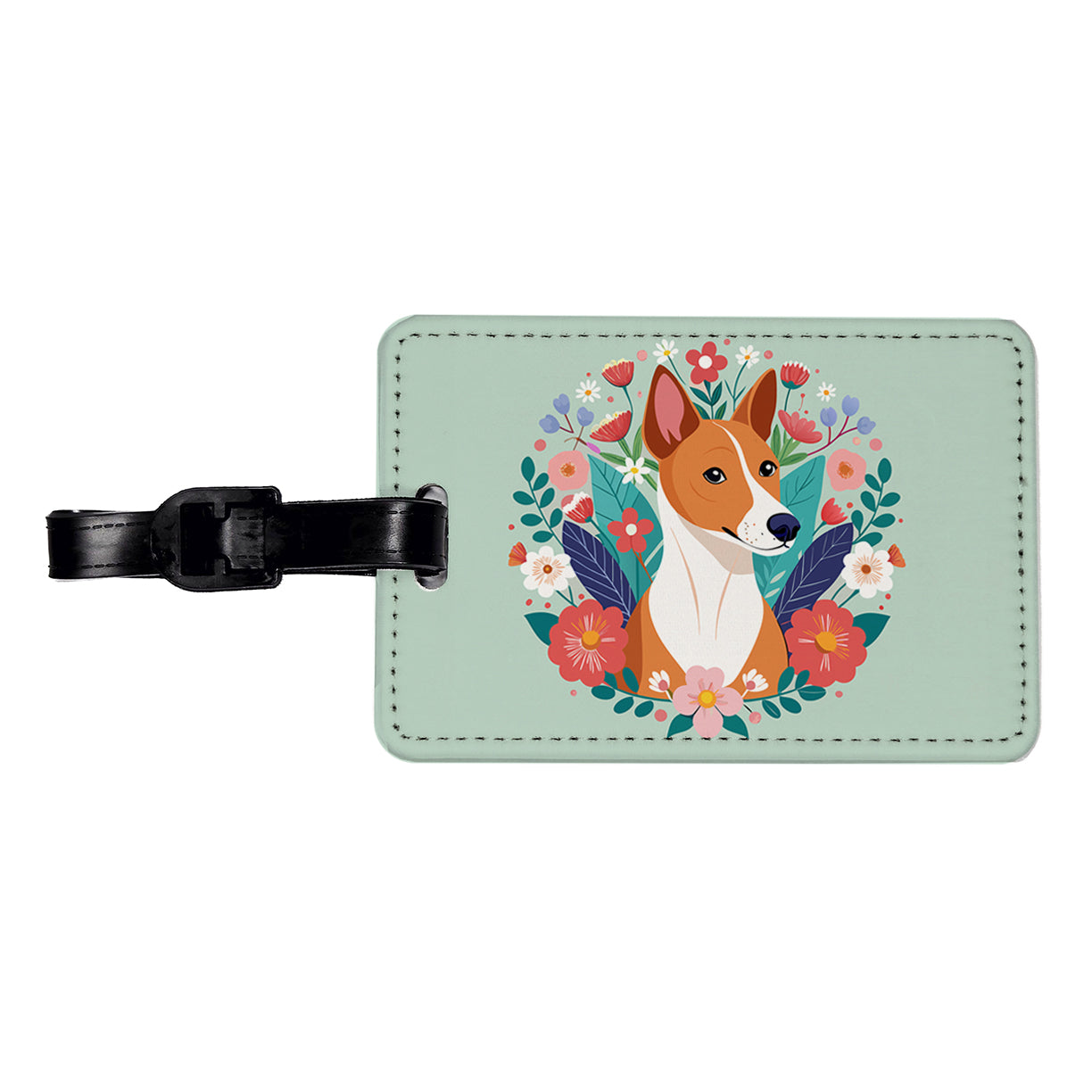 Basenji Dog Floral Flowers Travel Faux Leather Luggage Tag