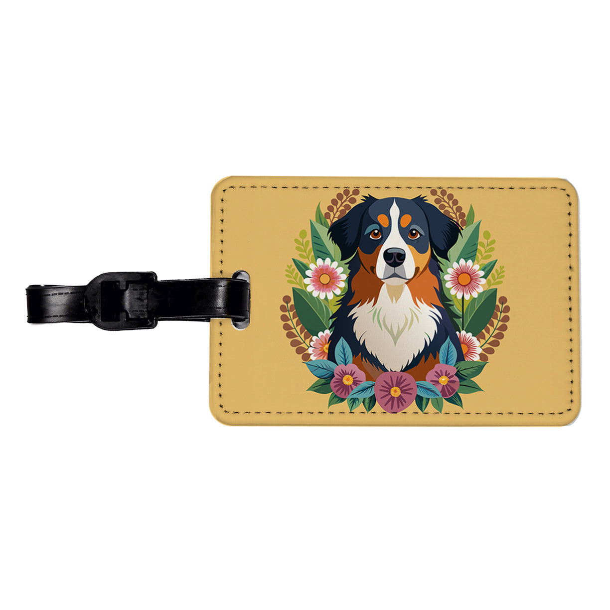Bernese Mountain Dog Floral Flowers Travel Faux Leather Luggage Tag