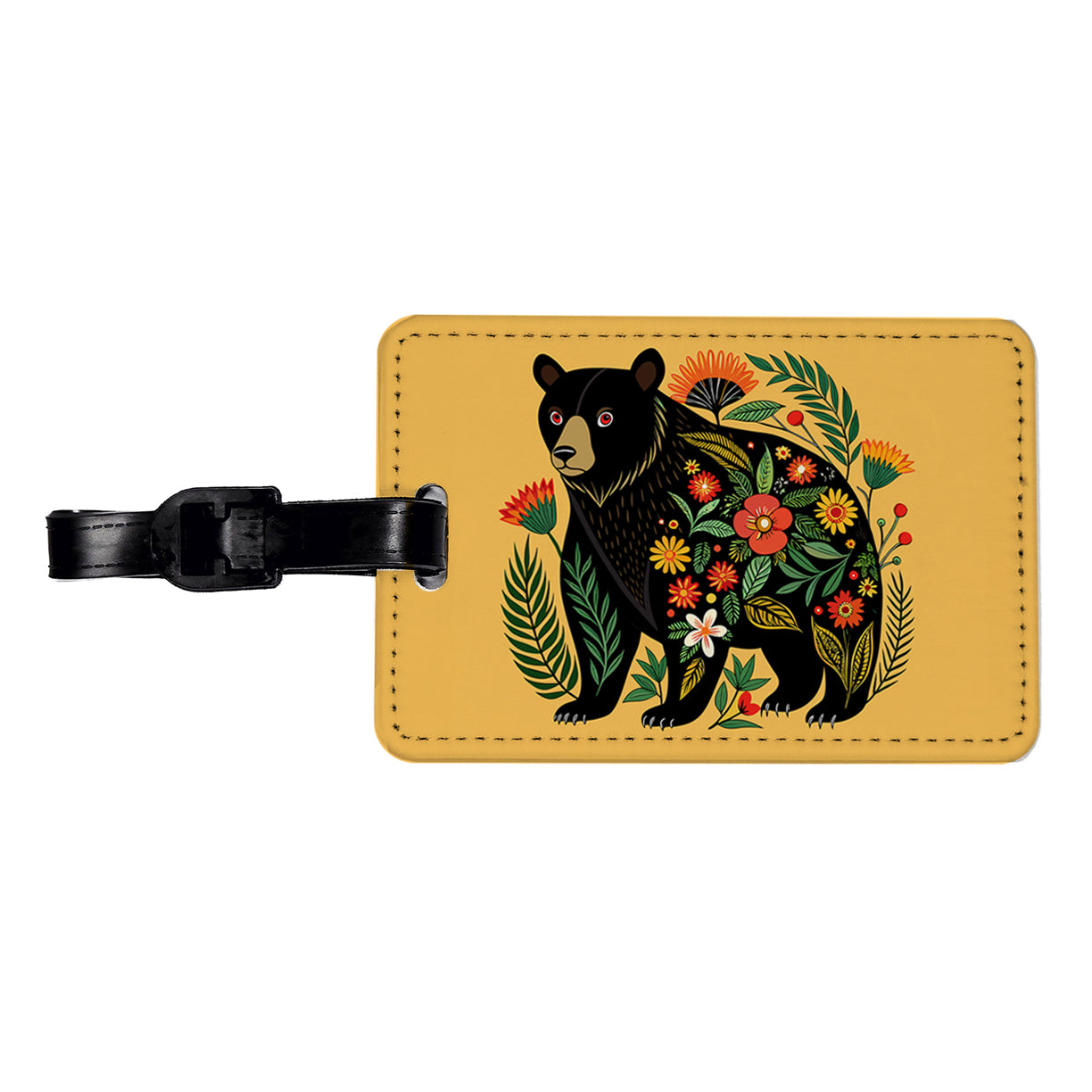 Black Bear Floral Motif Travel Faux Leather Luggage Tag