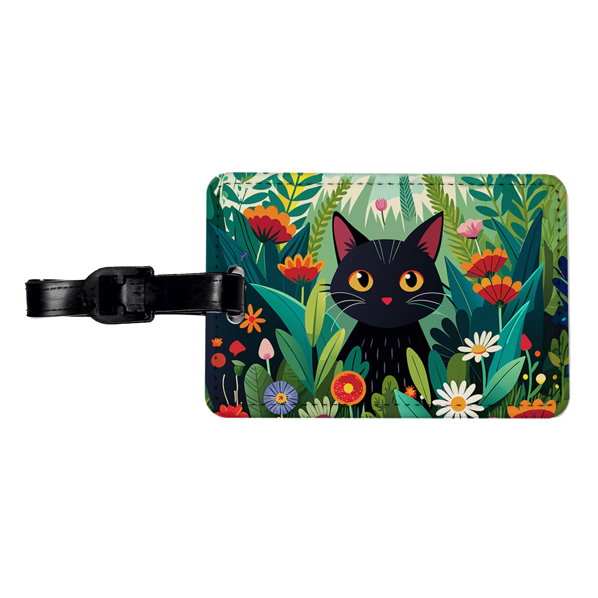 Black Cat Hiding in Flower Garden Travel Faux Leather Luggage Tag
