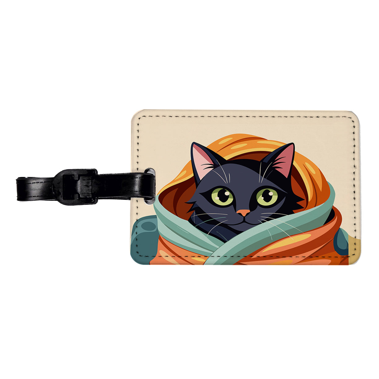 Black Cat Snuggling in Blanket Travel Faux Leather Luggage Tag