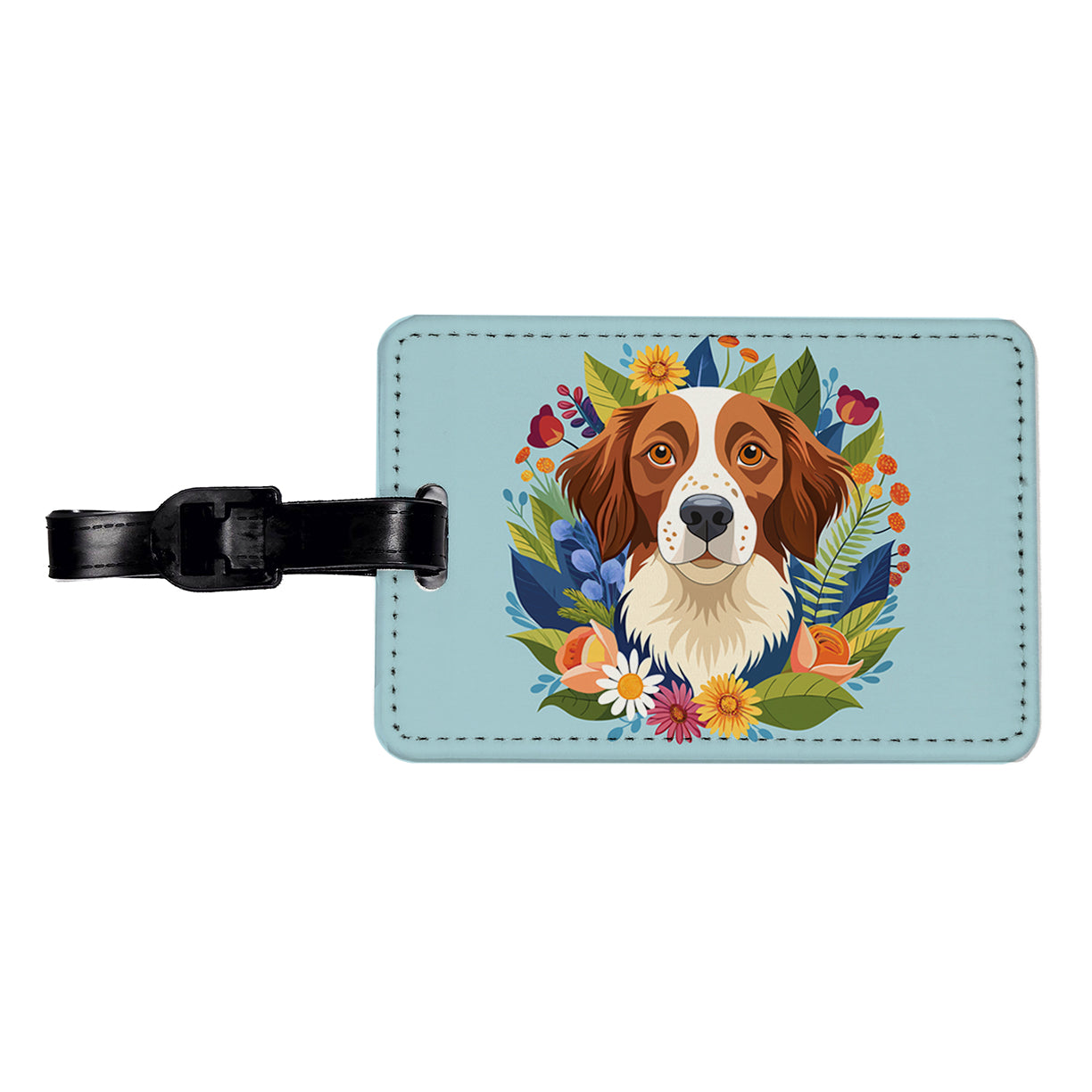 Brittany Spaniel Dog Floral Flowers Travel Faux Leather Luggage Tag