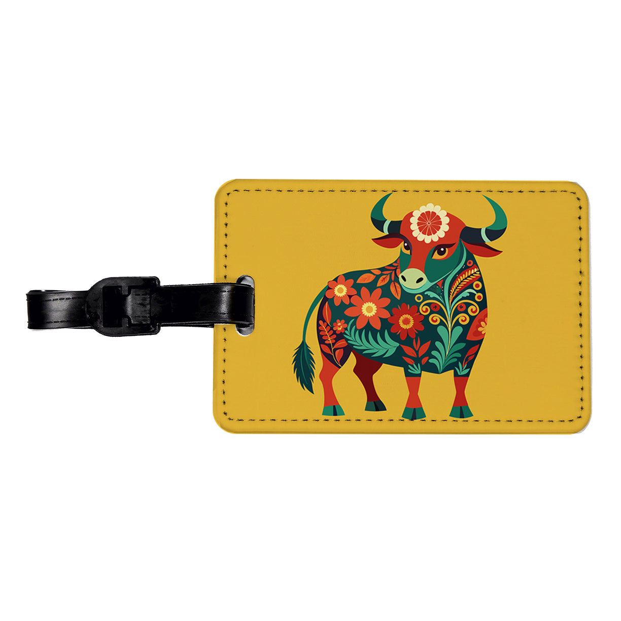 Bull Cow Floral Flowers Travel Faux Leather Luggage Tag