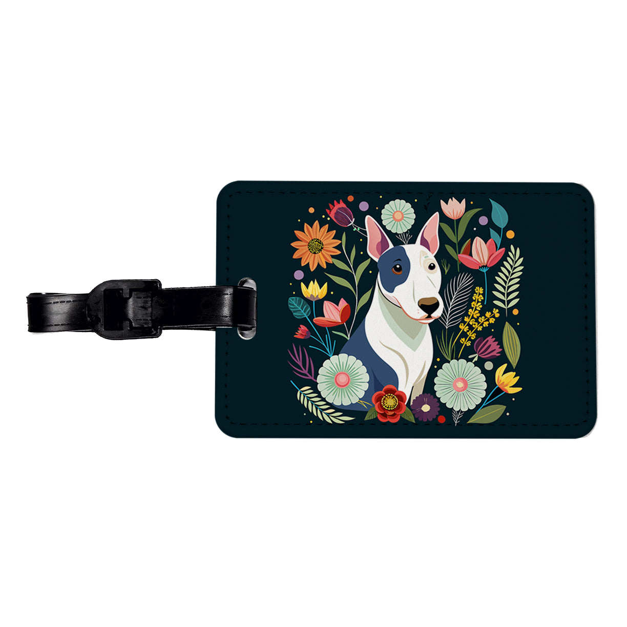 Bull Terrier Dog Floral Flowers Travel Faux Leather Luggage Tag
