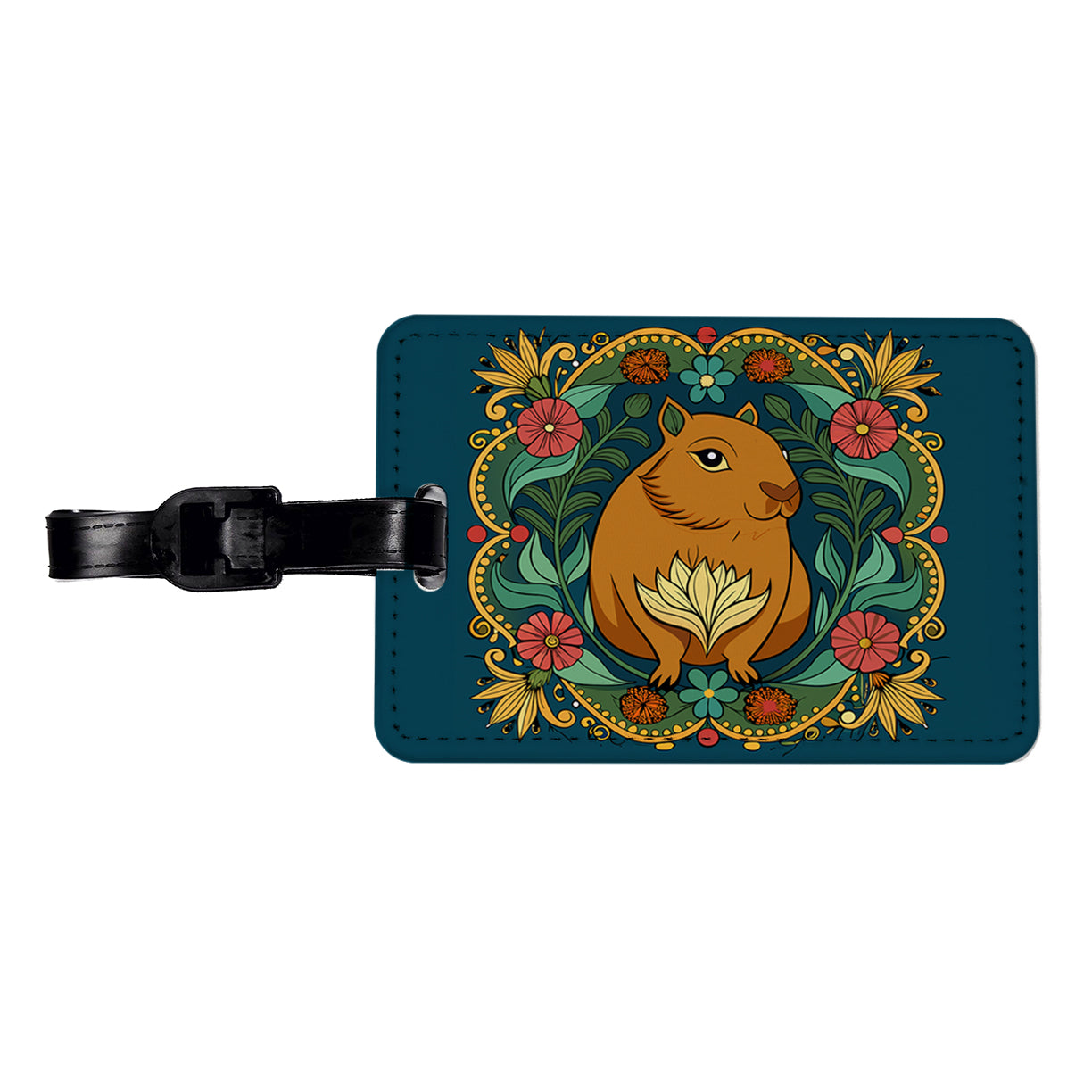 Capybara Floral Art Nouveau Flowers Elegant Travel Faux Leather Luggage Tag