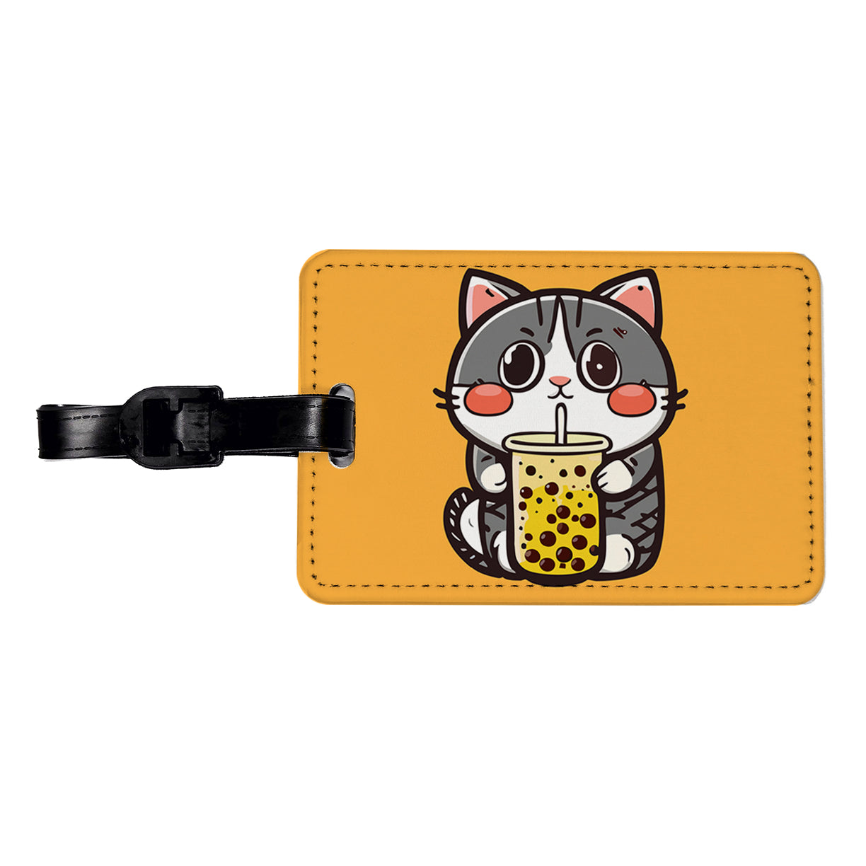 Cat Drinking Boba Bubble Tea Travel Faux Leather Luggage Tag