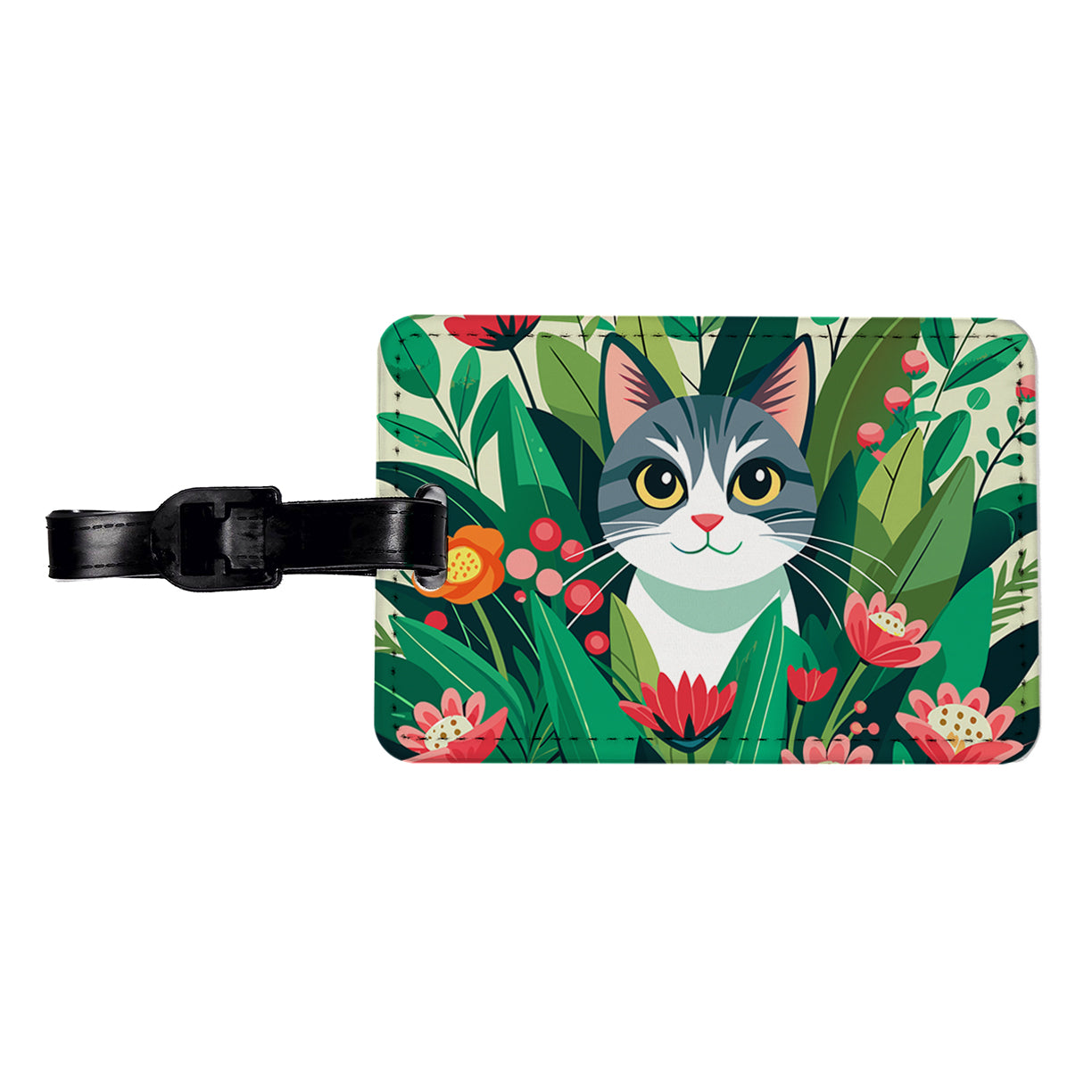 Cat Hiding in Flower Garden Travel Faux Leather Luggage Tag