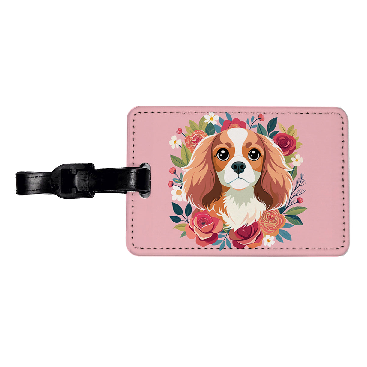 Cavalier King Charles Spaniel Dog Pink Floral Flowers Travel Faux Leather Luggage Tag