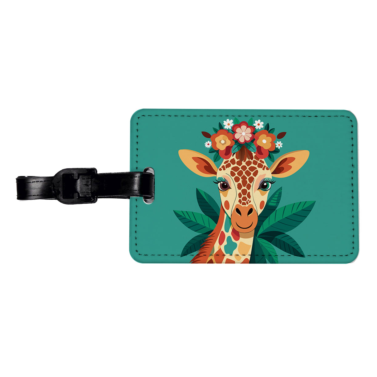 Giraffe Head Floral Flowers Travel Faux Leather Luggage Tag