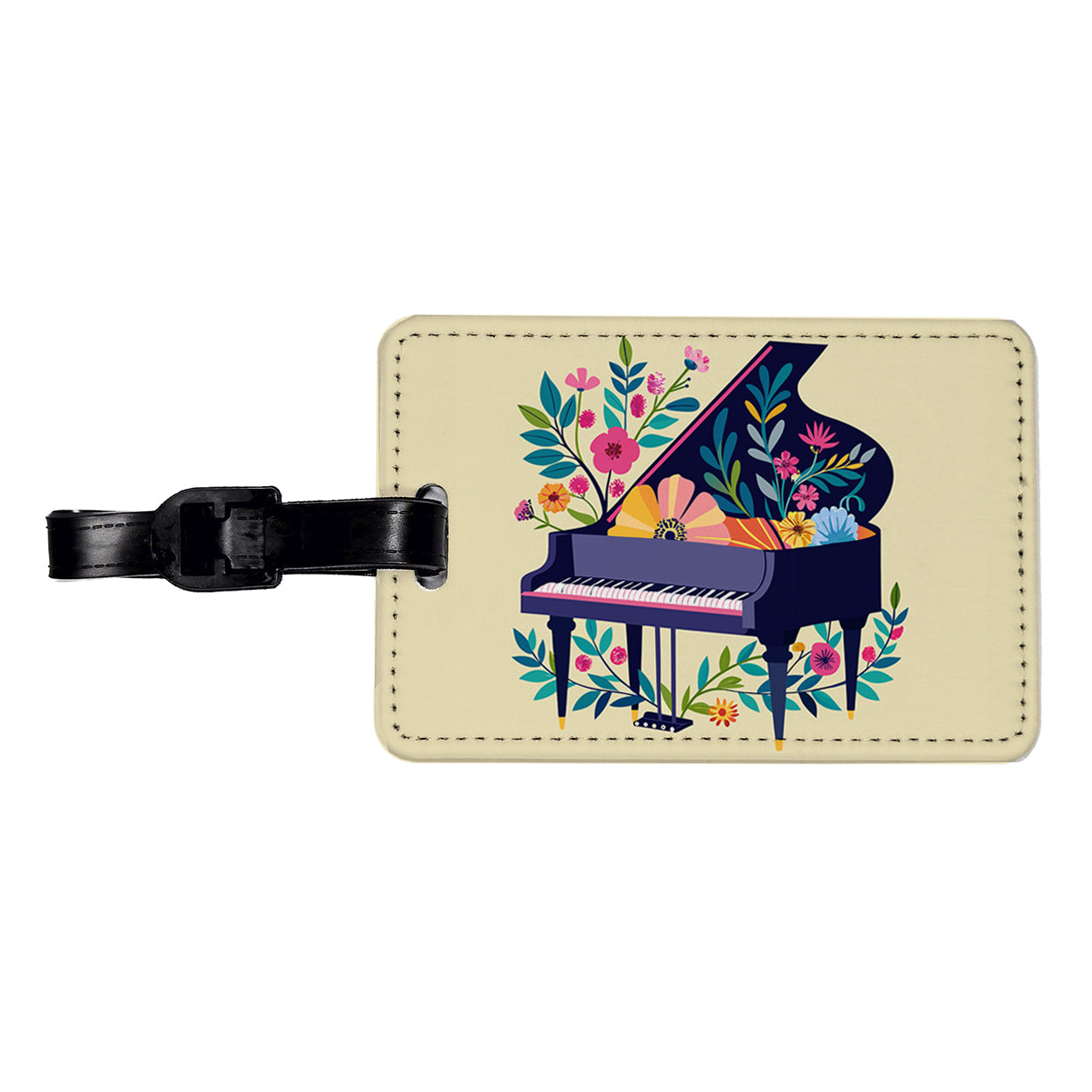 Grand Piano Music Floral Motif Travel Faux Leather Luggage Tag