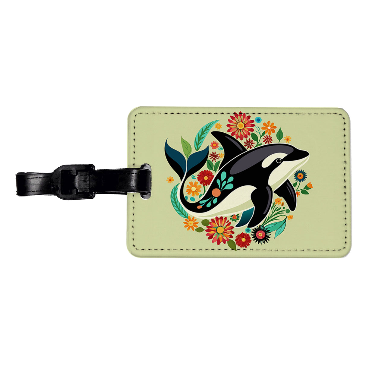 Orca Whale Floral Flowers Travel Faux Leather Luggage Tag