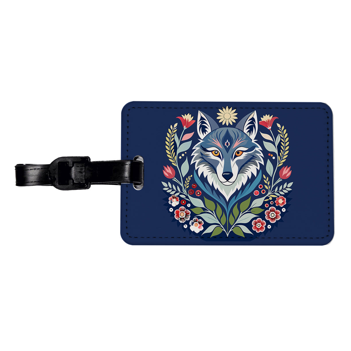 Wolf Floral Flowers Travel Faux Leather Luggage Tag