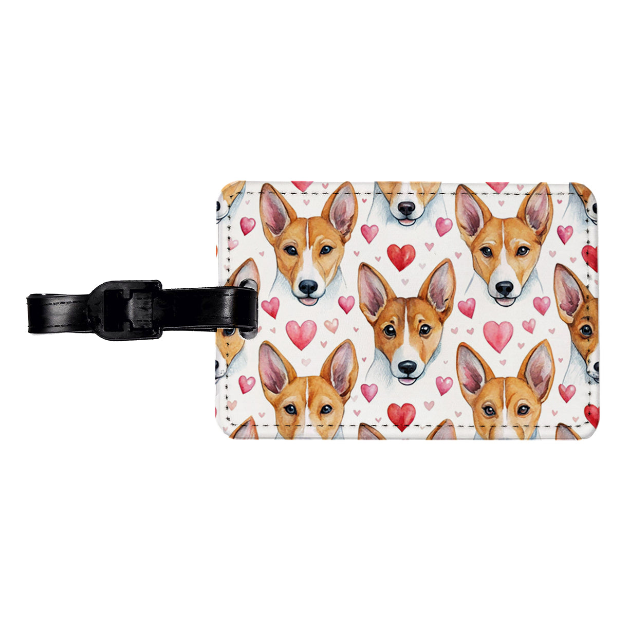 Cute Basenji Dog Faces Hearts Water Travel Faux Leather Luggage Tag